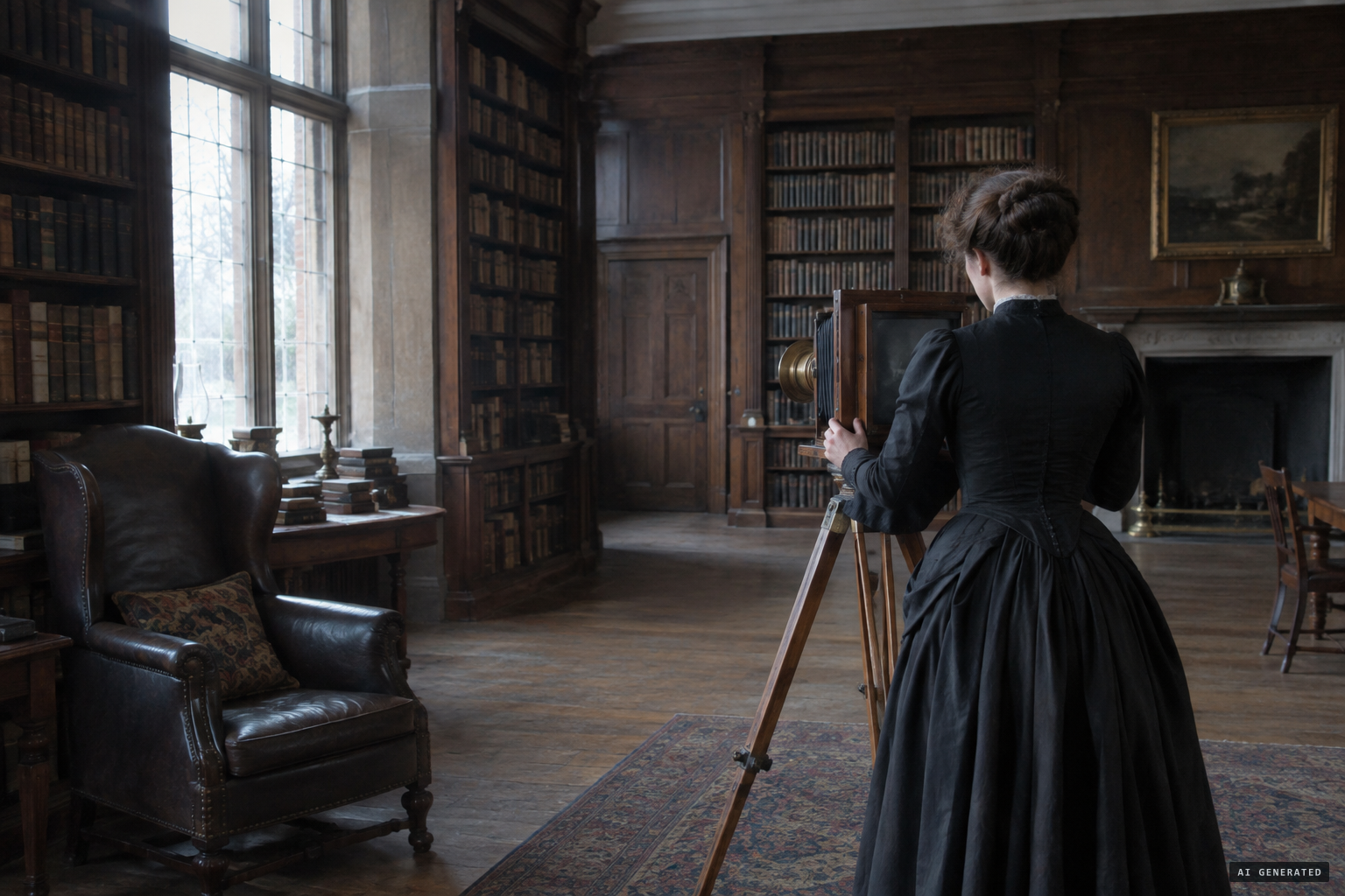 Miss Sybell Corbet turns her camera on the empty library