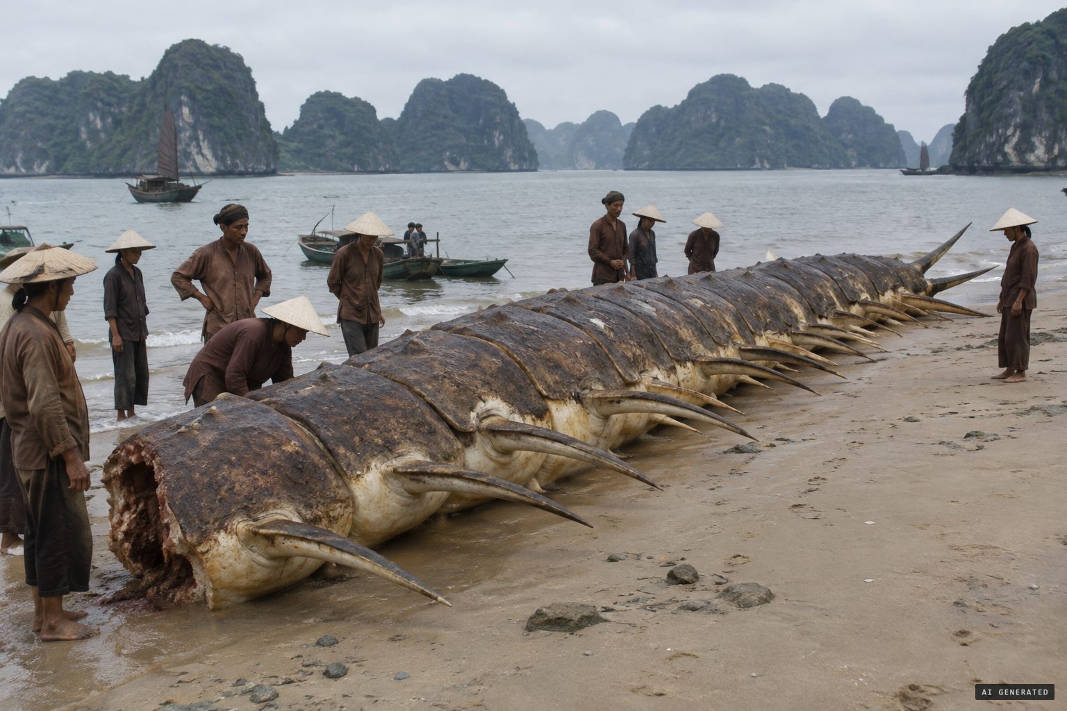 Local Annamites find a headless 60-foot segmented carcass on the beach