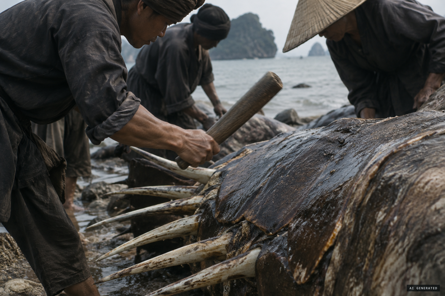 A villager strikes the segments with a stick; they ring like sheet-metal