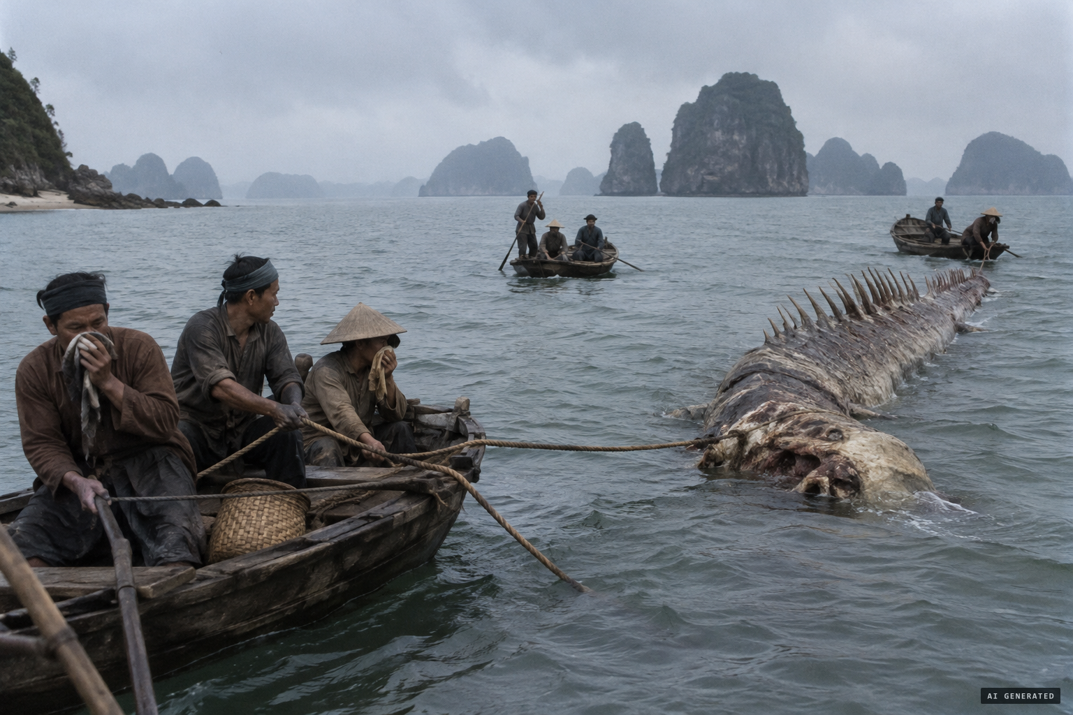 Driven off by the stench, the locals tow the con rít out to sea
