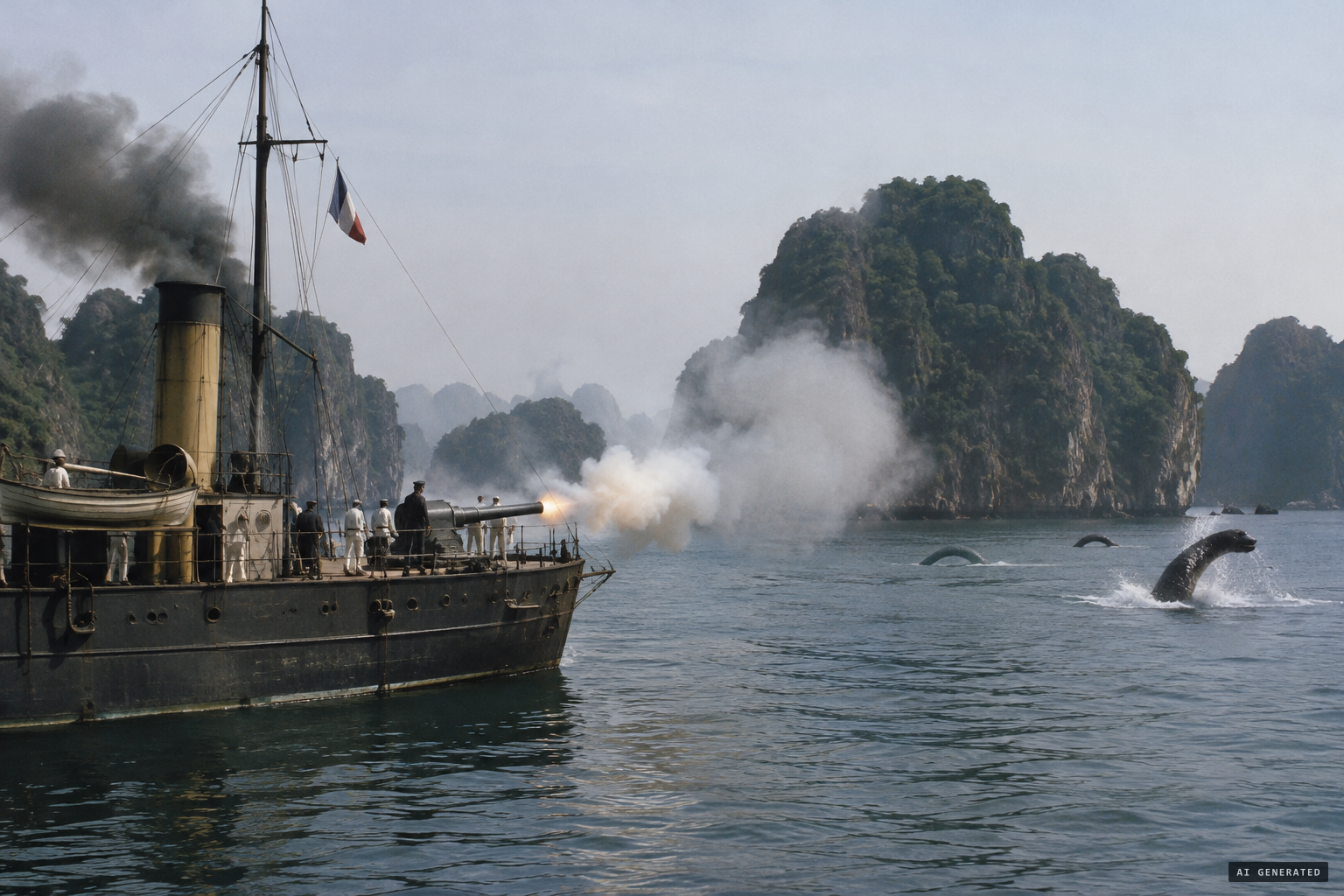 The gunboat Avalanche fires on serpentine animals in the bay, 1897