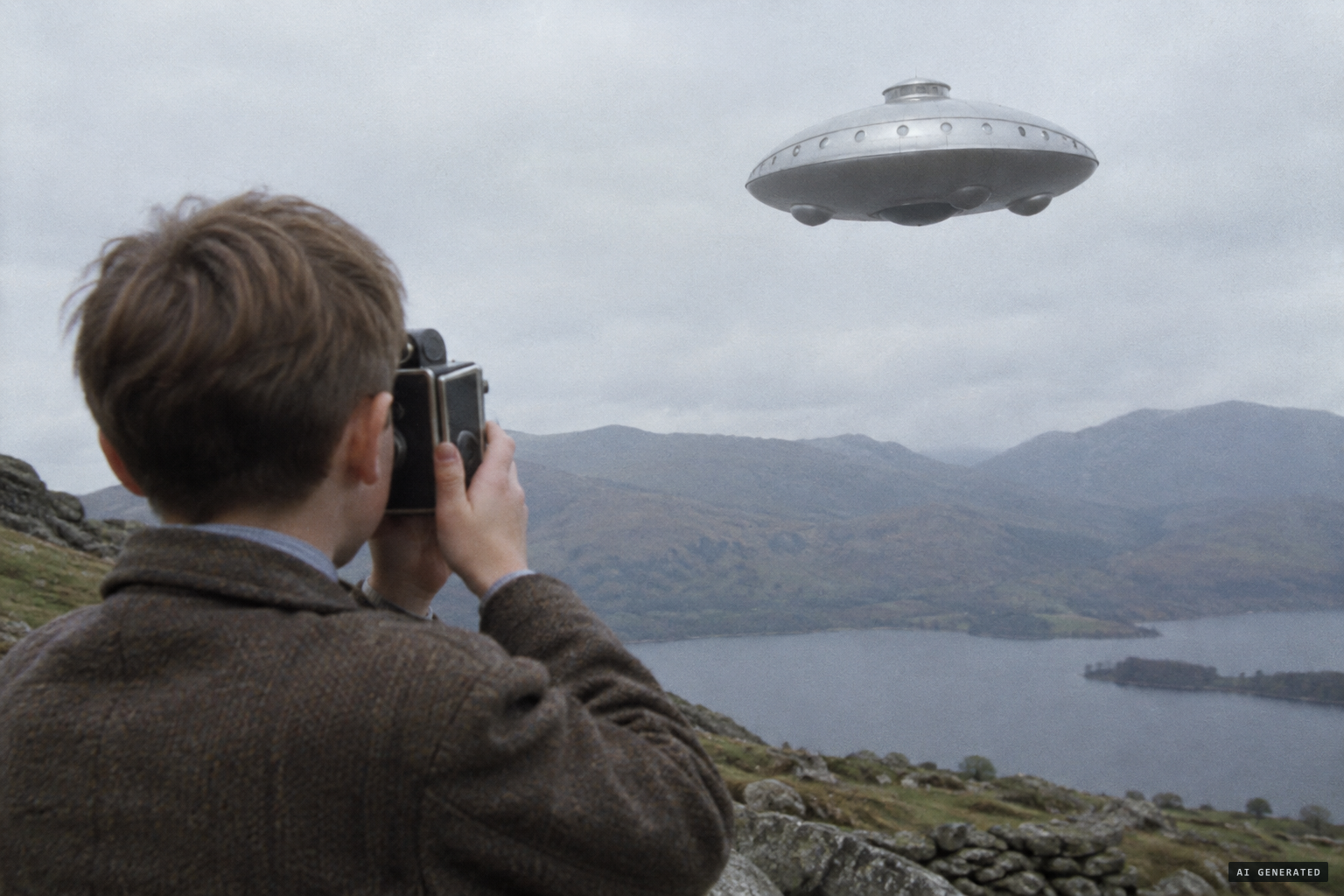 Stephen photographs the silvery craft with portholes and three bumps underneath