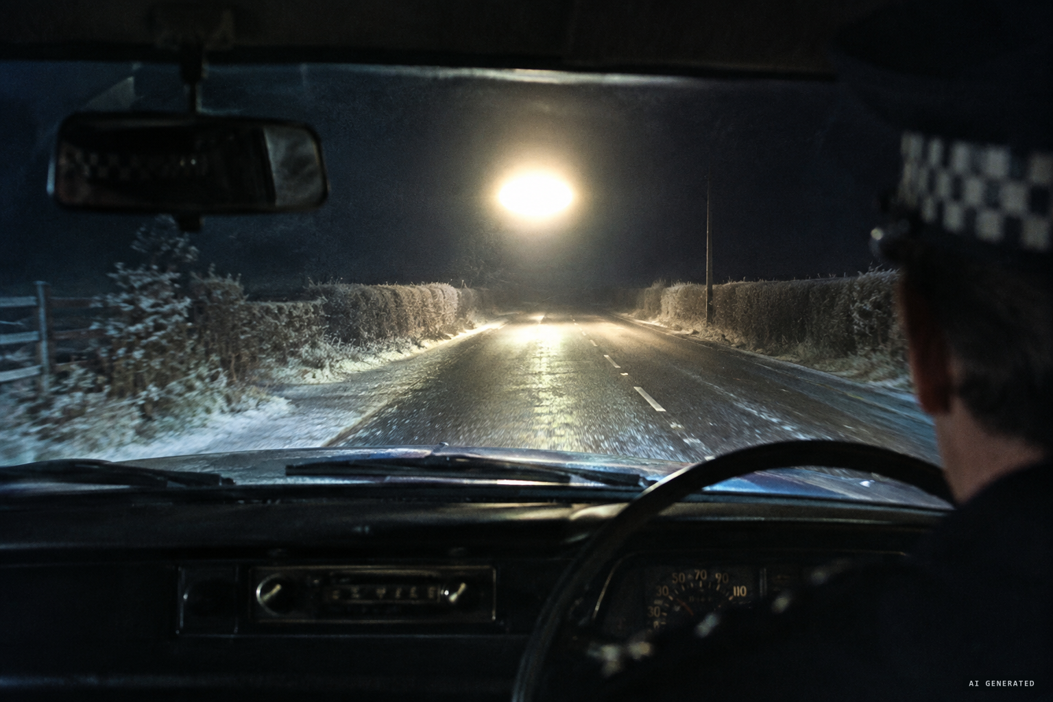 A glowing object appears ahead of the patrol car, lighting the road