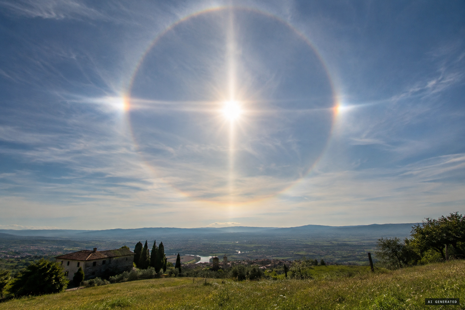 A solar halo, with mock suns and sun pillar, can draw a cross around the sun