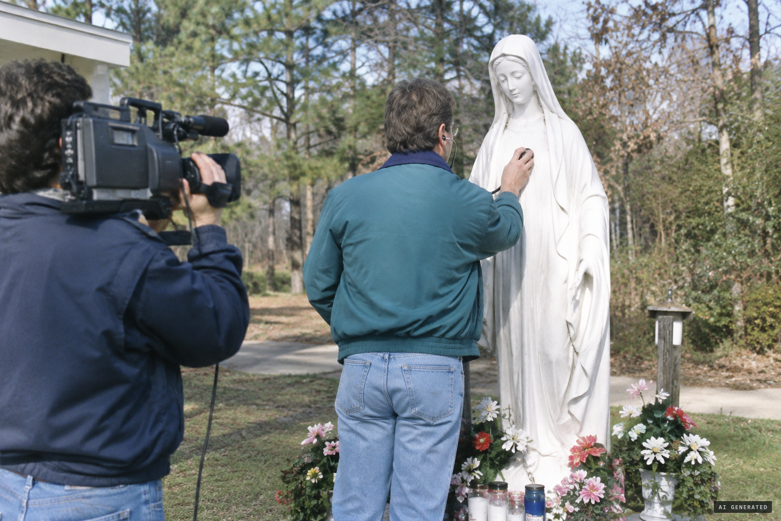 Joe Nickell listens for the statue's heartbeat