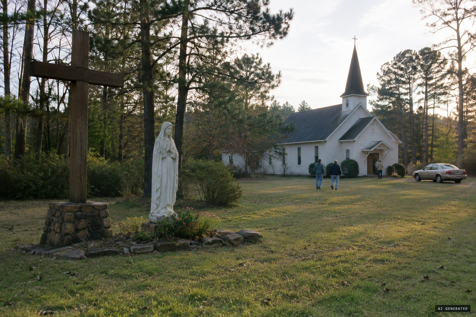 The farm and the nearby Mother of God Catholic Church