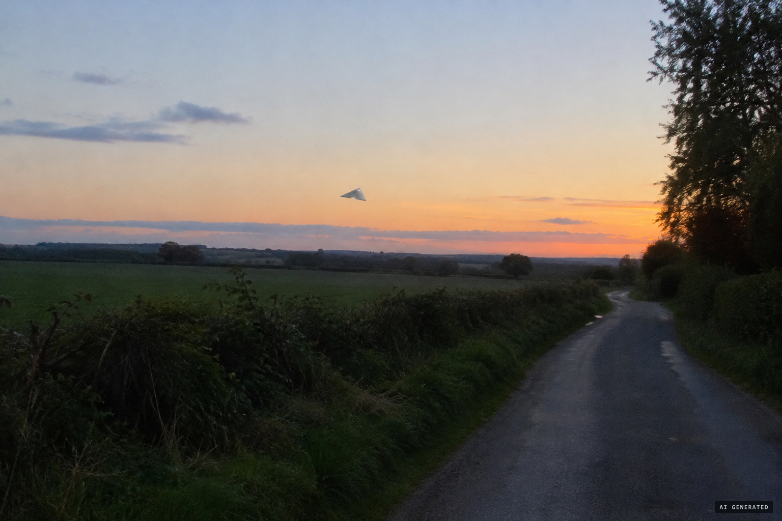 Just a silver triangle hanging low over a Worcestershire lane