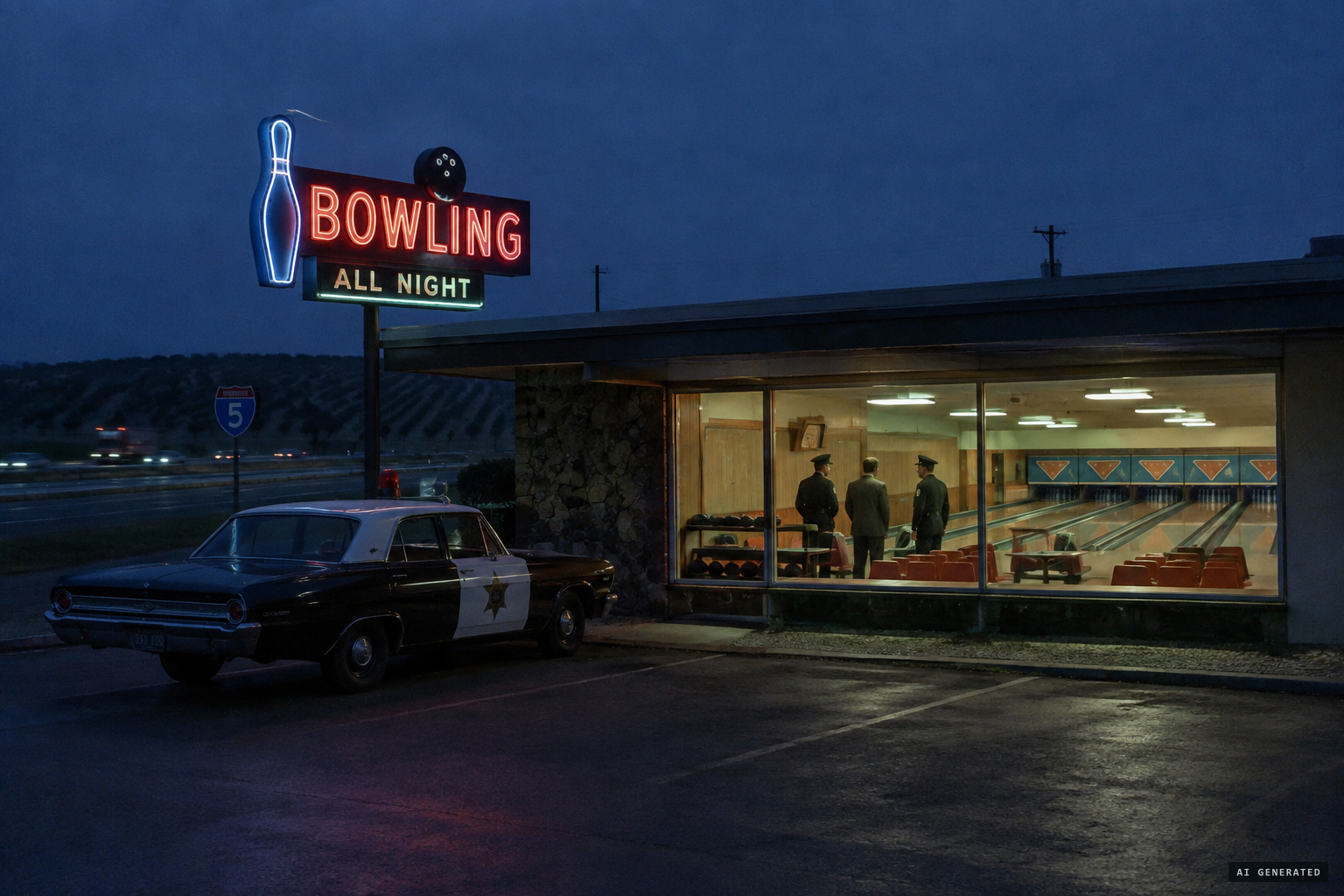 Jay Munger's all-night bowling alley near Interstate 5, before dawn on July 4, 1967