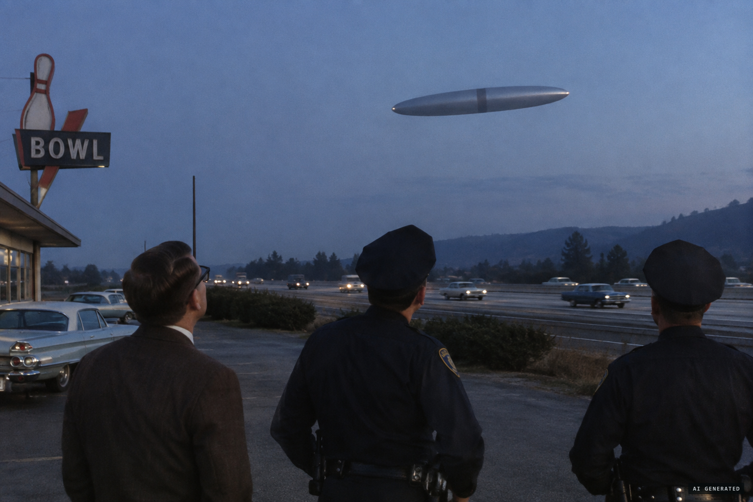 The big aluminium cigar with its gray band, hanging over the freeway