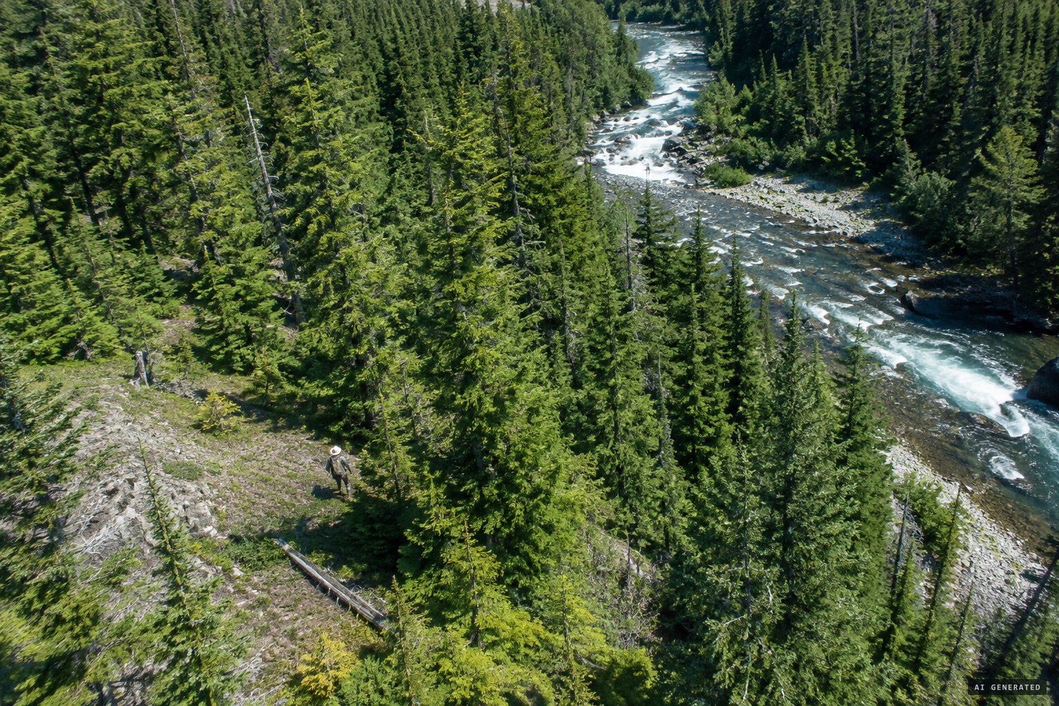 The drone flies overhead as Peterson moves through the backcountry