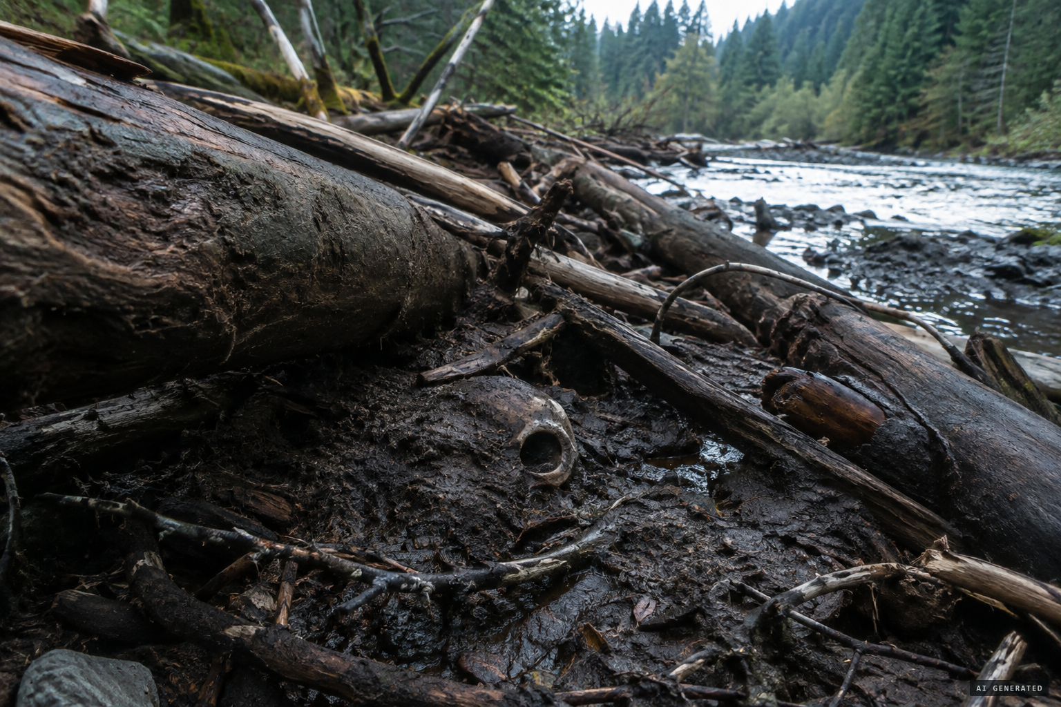 An eye socket sticking out of the mud in the log fall