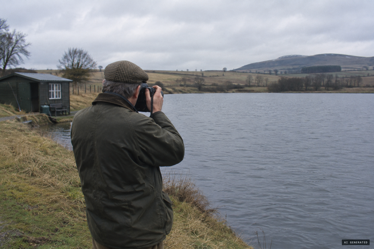 Ian Macpherson at Craigluscar Reservoir with his camera, February 1994