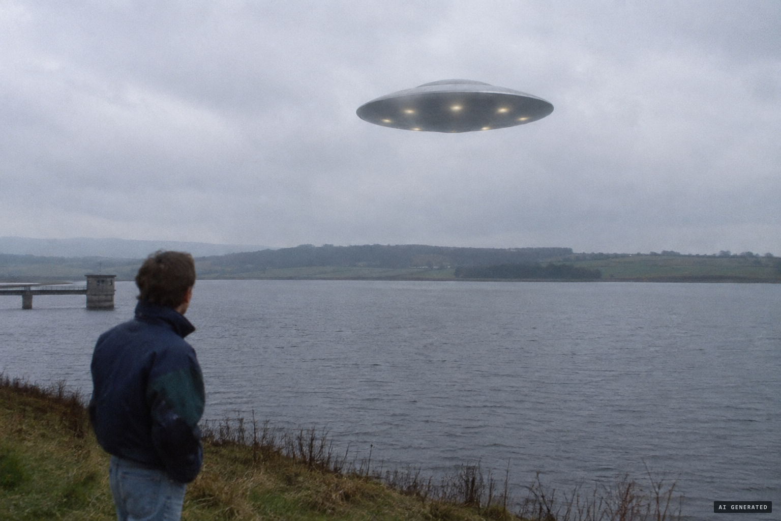 A metallic disc hovers about 200 ft over the reservoir