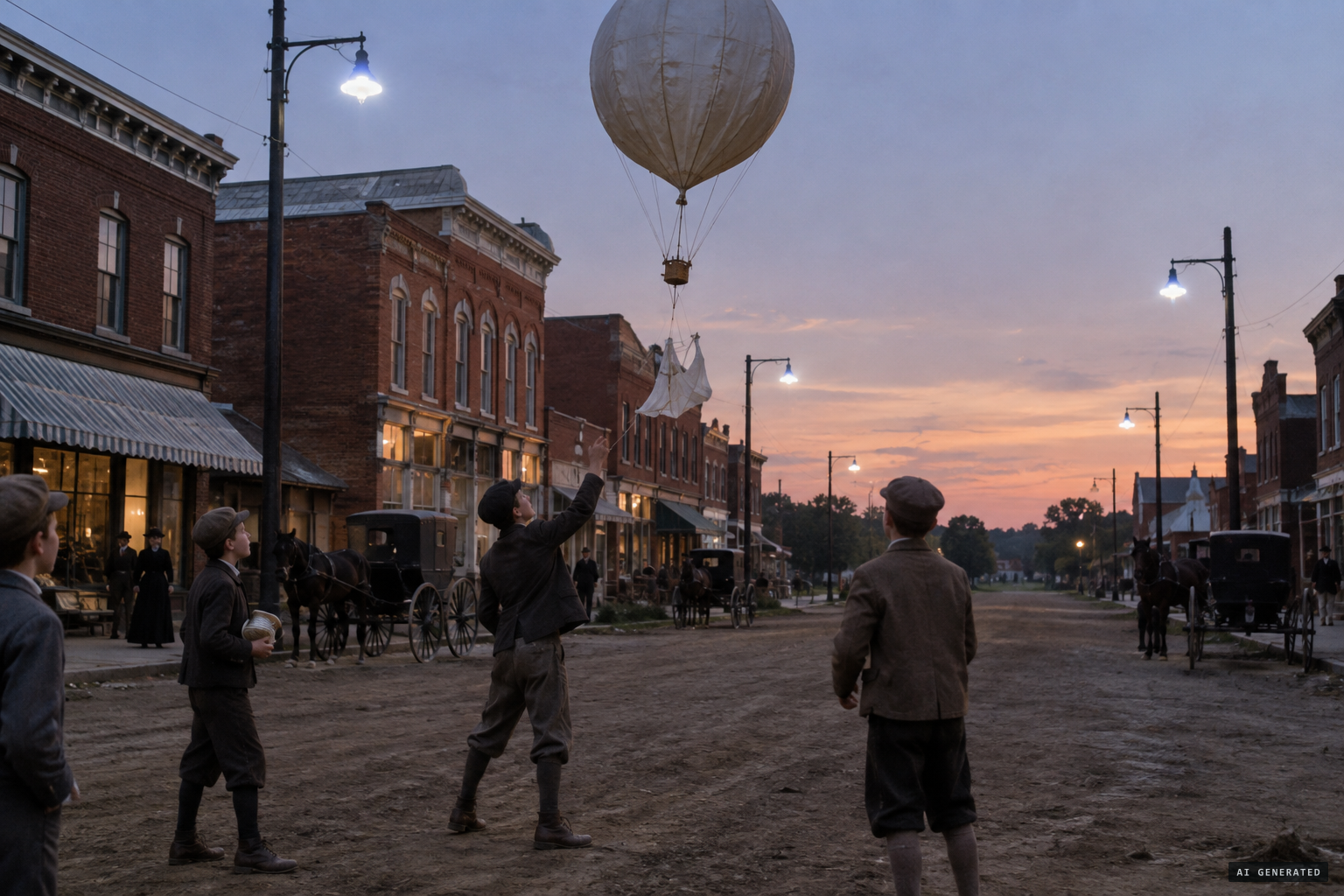 Crawfordsville in September 1891: new electric lights and the boys' balloon parachute craze.