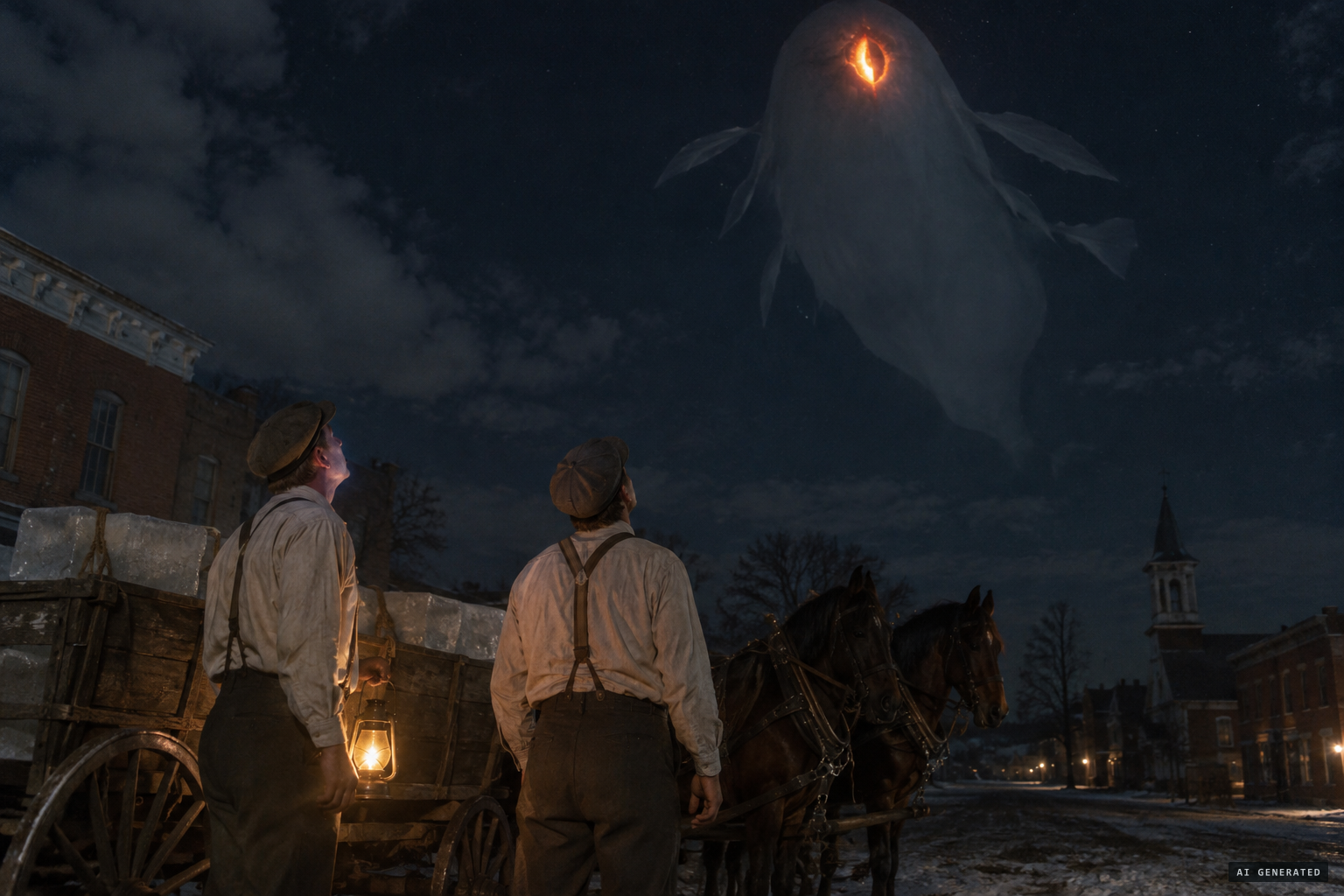 Icemen Marshall McIntyre and Bill Gray see a great white shroud with fins and one flaming eye hanging overhead.