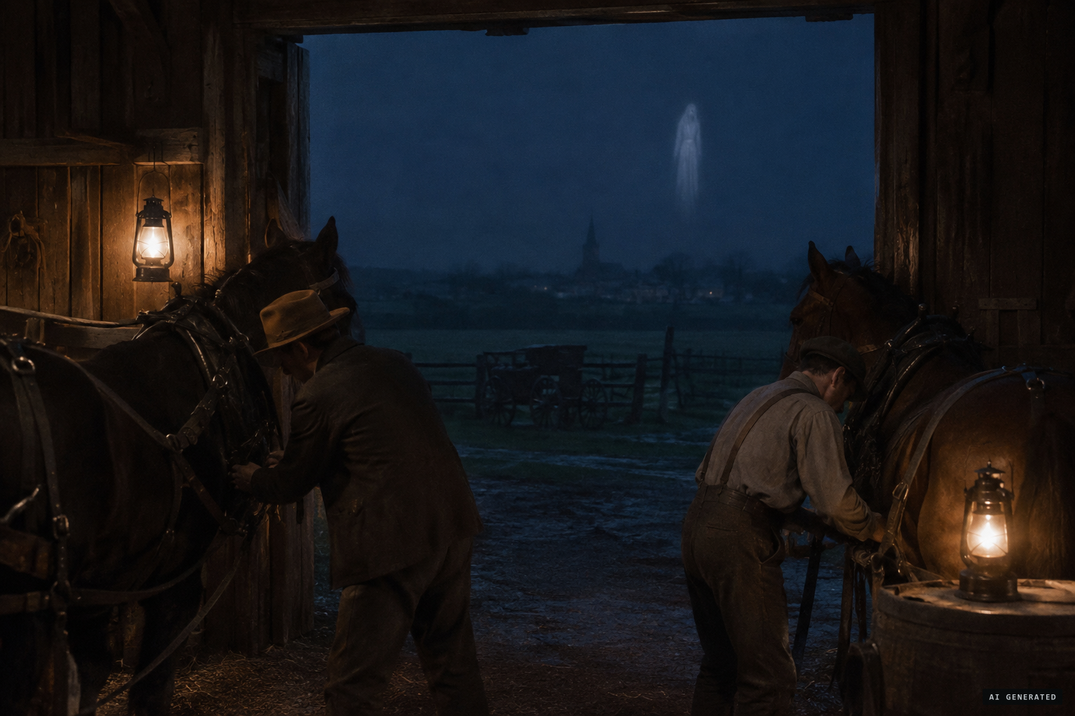 In awe and dread, the men retreat to the barn, finish harnessing and leave.