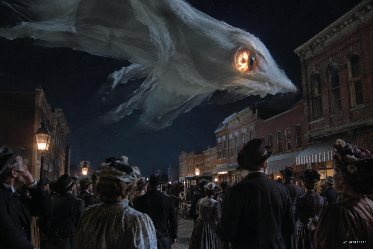 Gaddis's later version: hundreds watch the thing circle the business district on a second night.