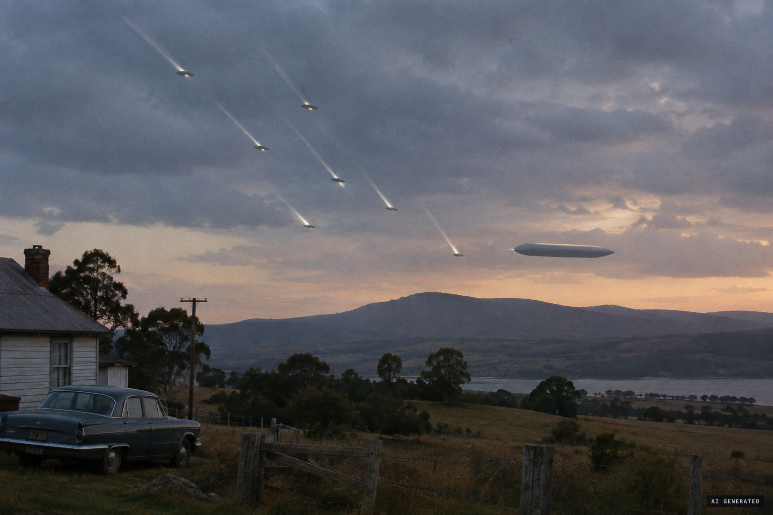Five or six small saucers dart out of the low cloud