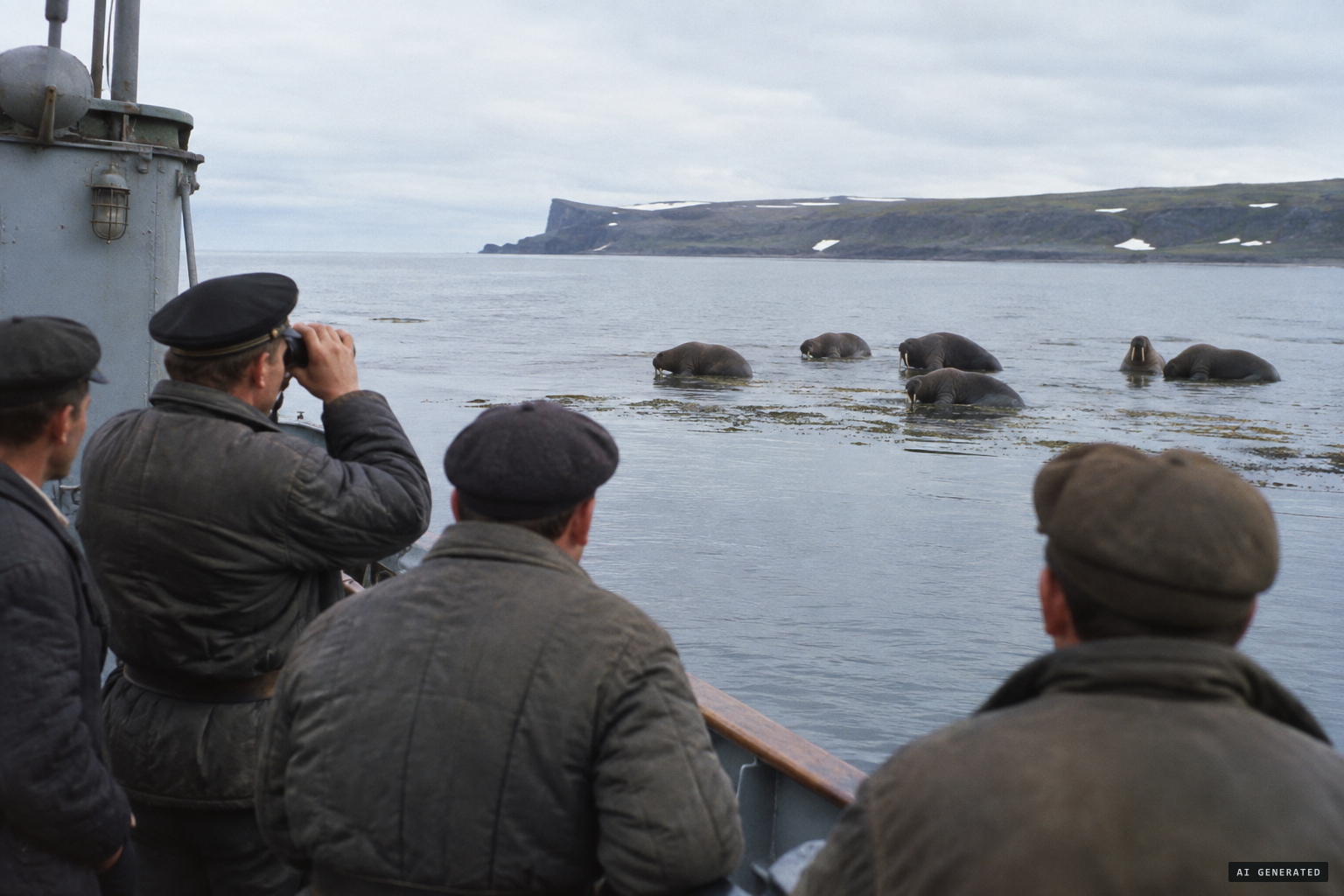 The crew spots six large, unusual animals grazing in the shallows