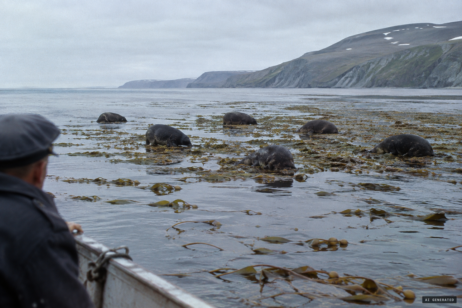 The next day: the herd in a lagoon of seaweed and sea cabbage