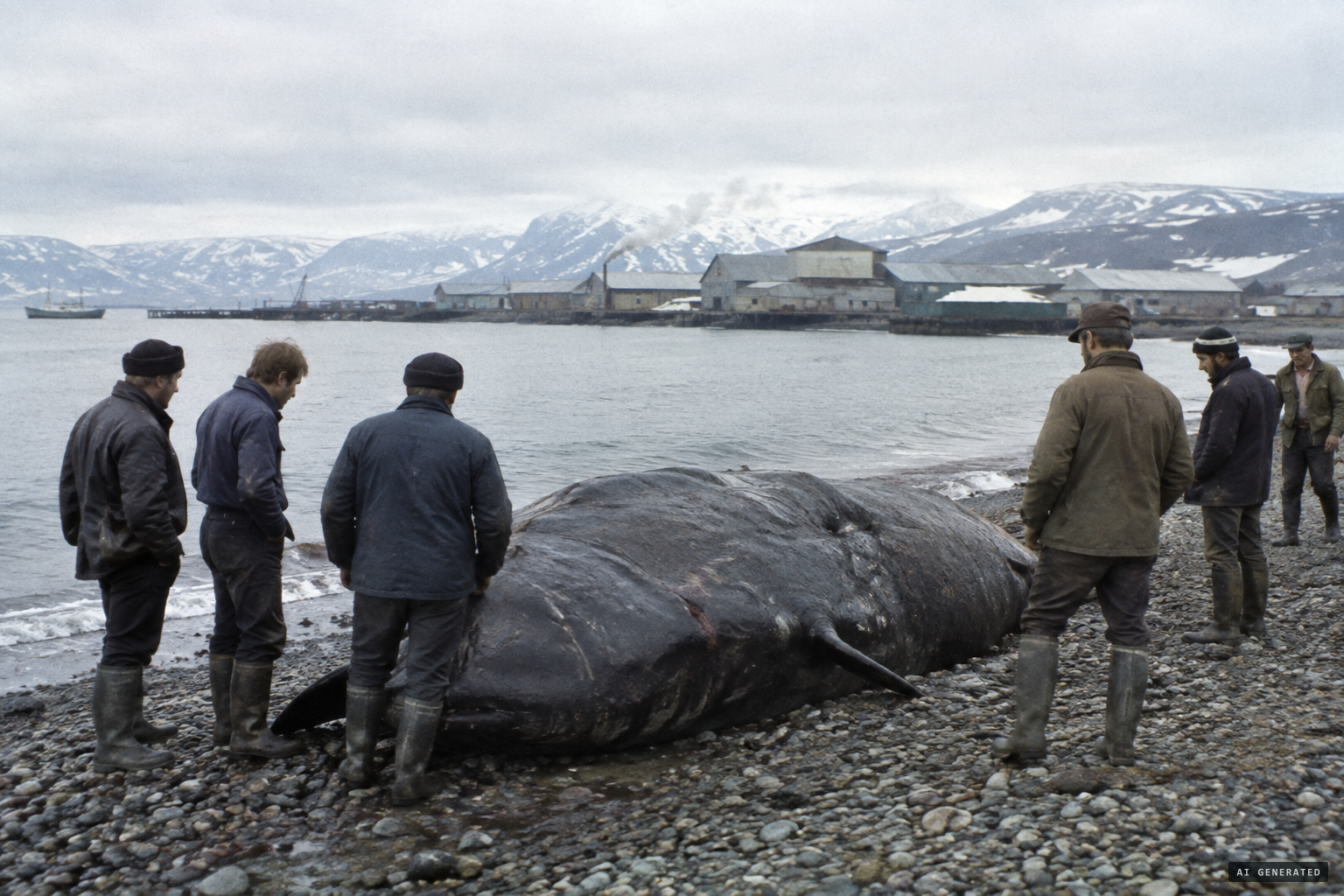 Workers find a stranded carcass in Anapkinskaya Bay, 1976