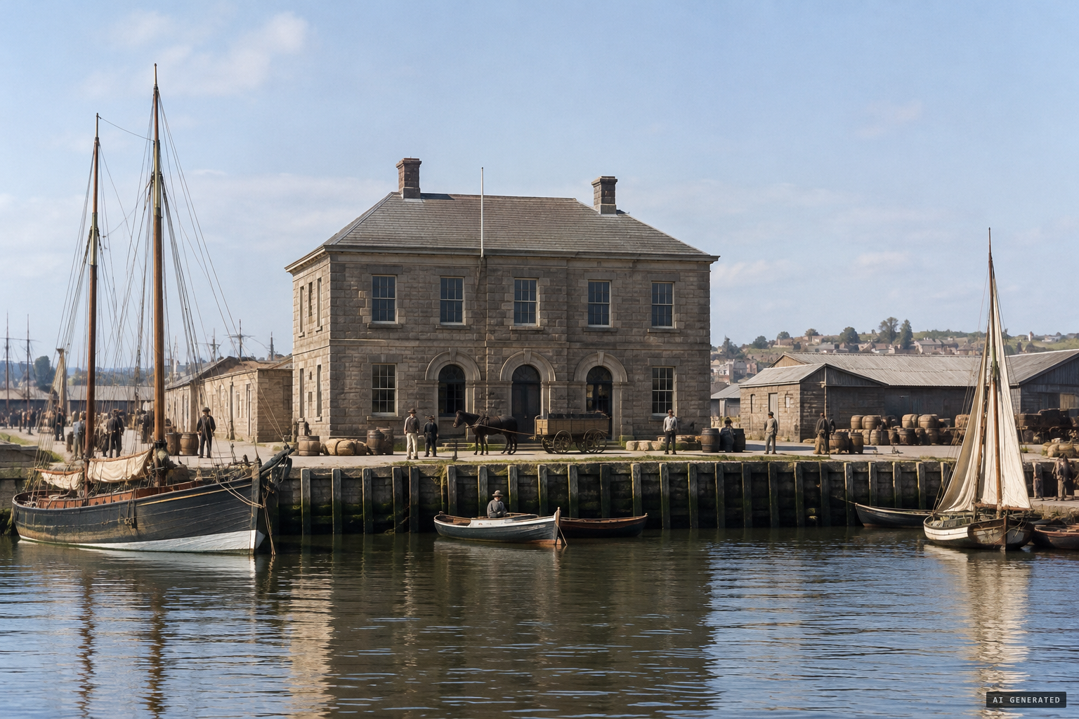 The stone Custom House facing the river and Queen's Wharf basin