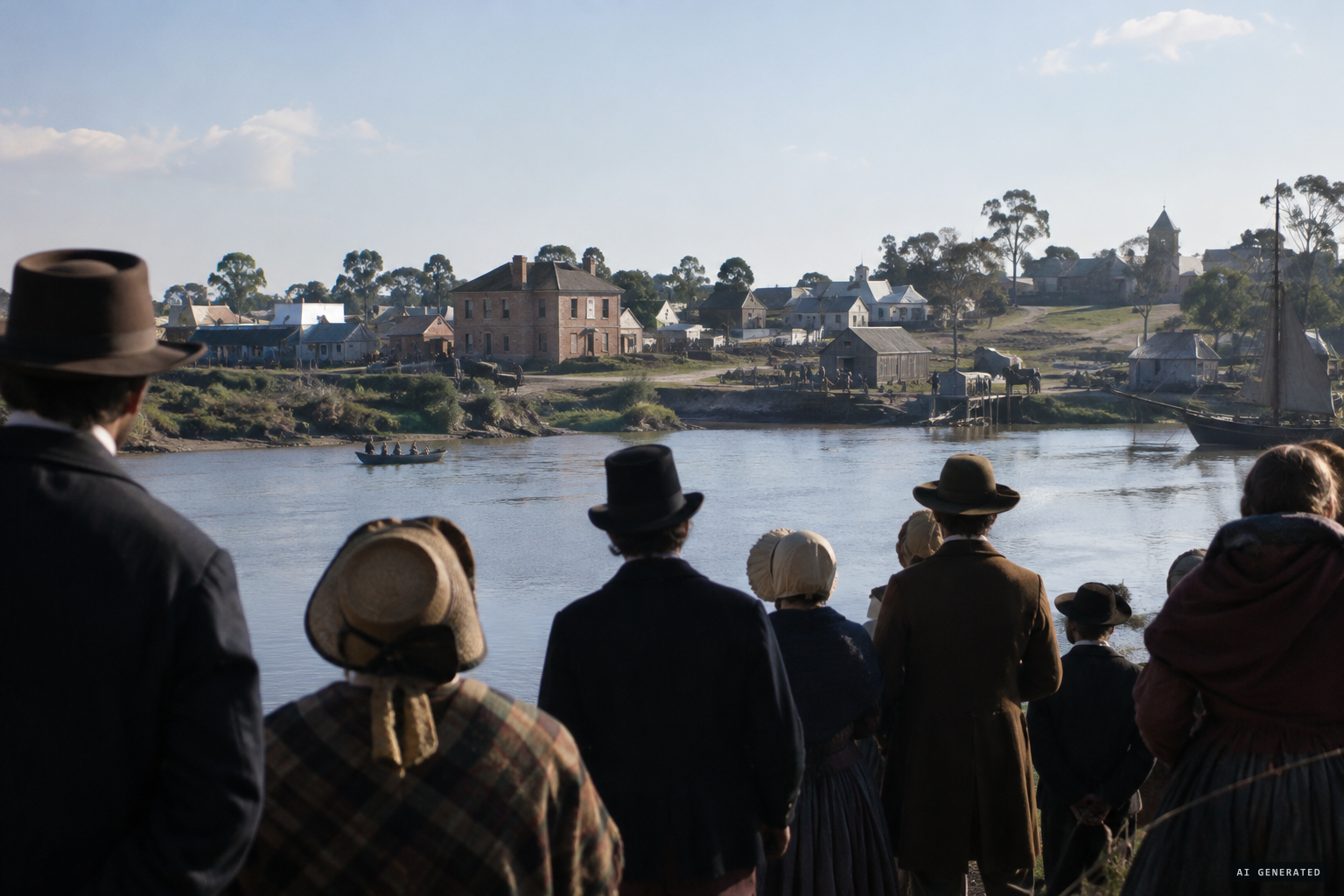 An unnamed audience in the middle of a colonial town