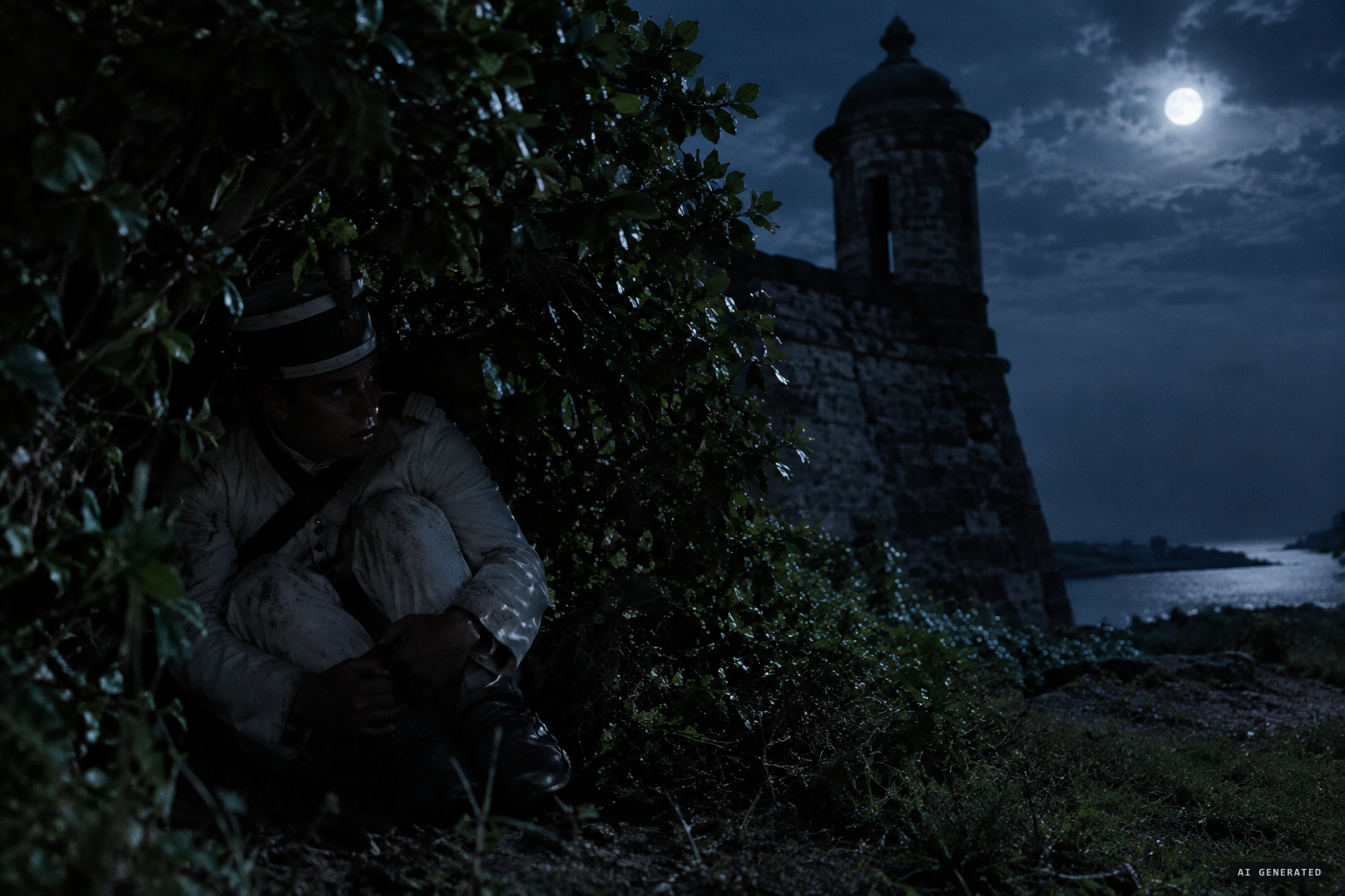 A guard found crouching under a bush, half mad with fear