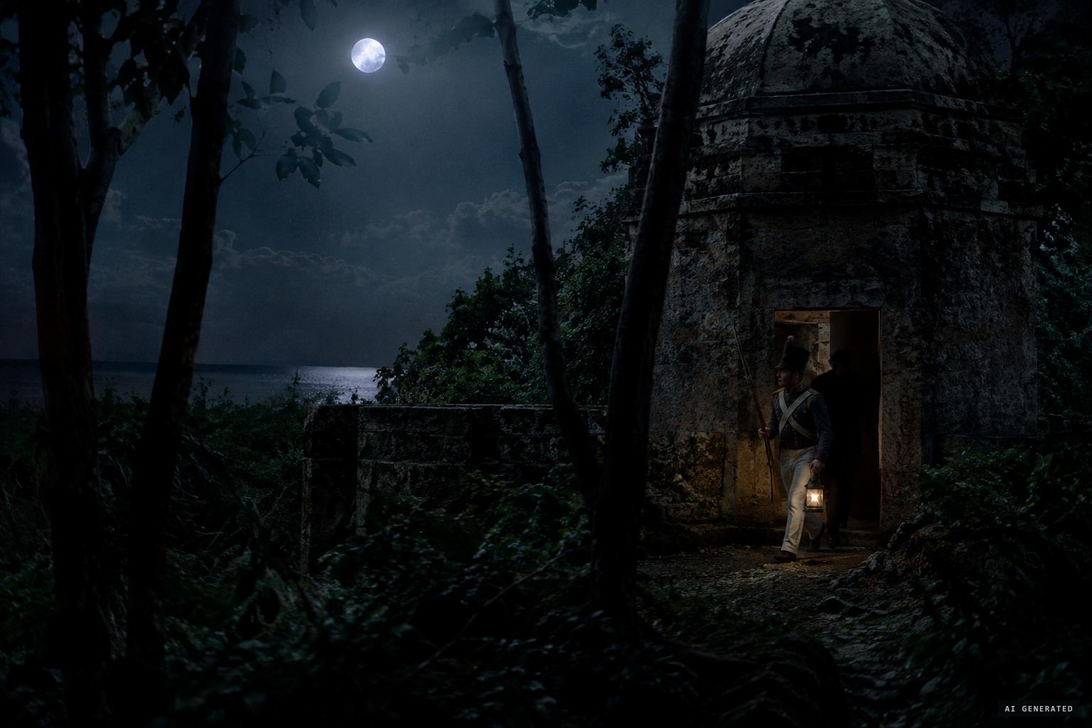 A dark shape follows the guard back into the tower