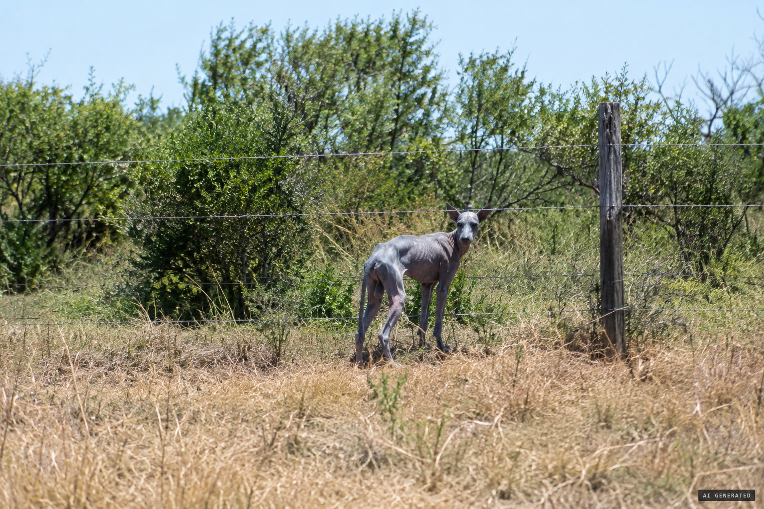 In daylight on her ranch, a hairless canine figure with blue-gray flesh