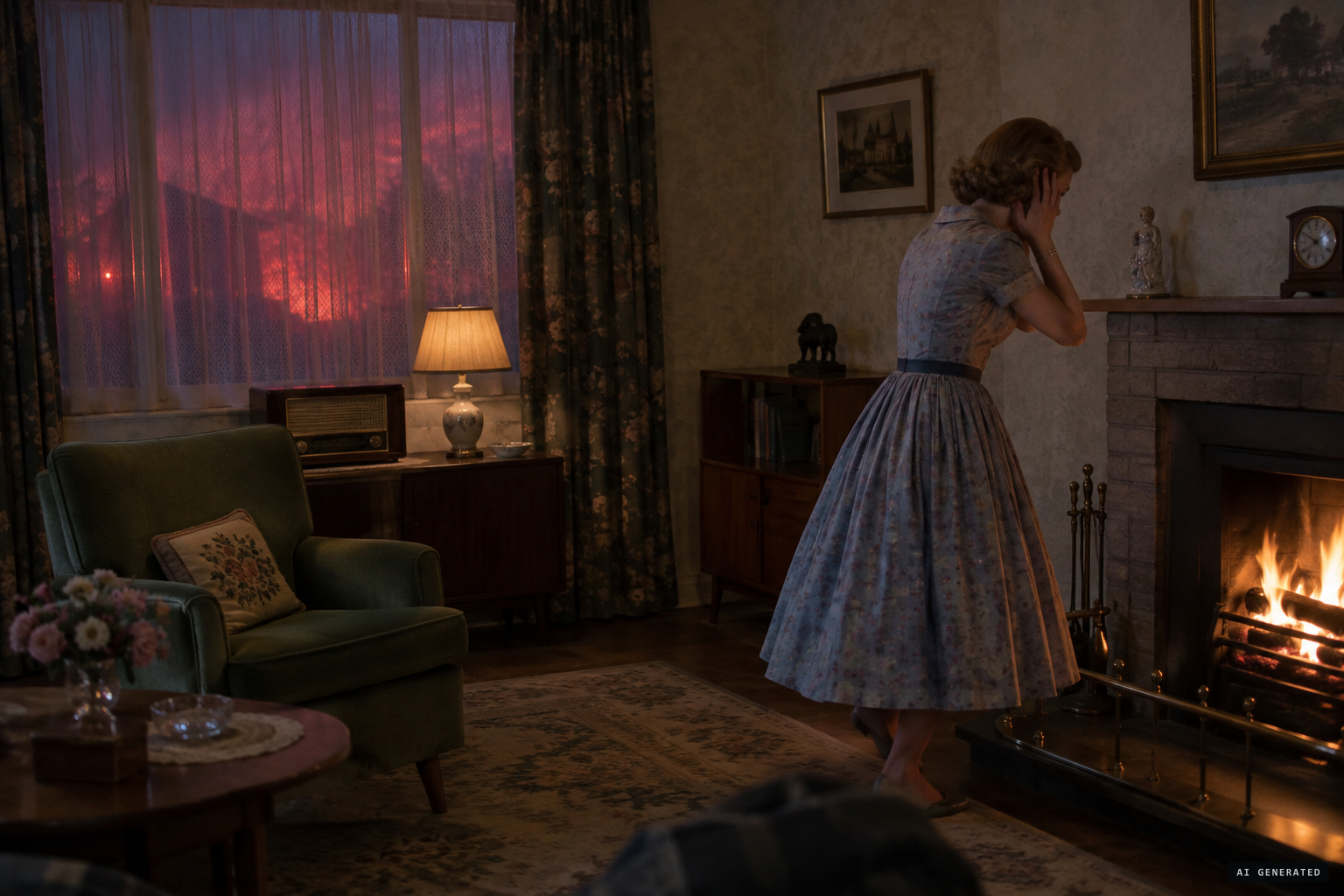A high-pitched whistle fills the room as a rosy darkness settles outside