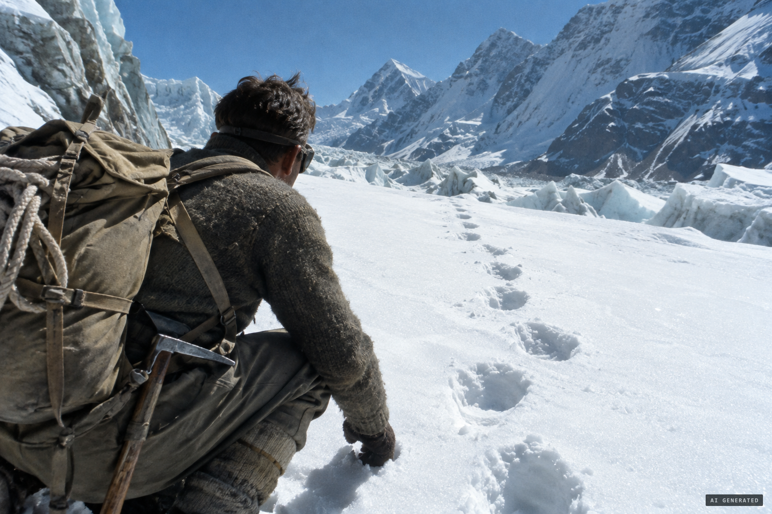 Jackson finds a line of large two-legged tracks on the Khumbu Glacier