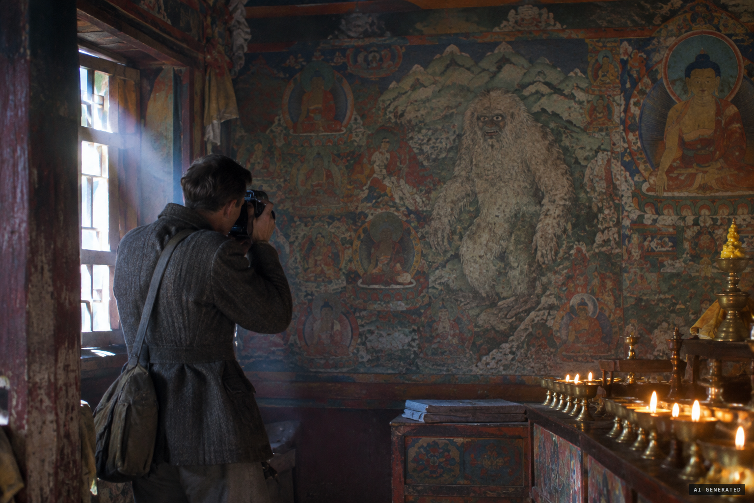 Jackson photographs yeti paintings at Tengboche