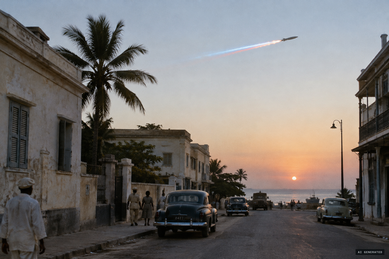 At dawn, a flat, tapered object emitting bluish and reddish flames over Dakar