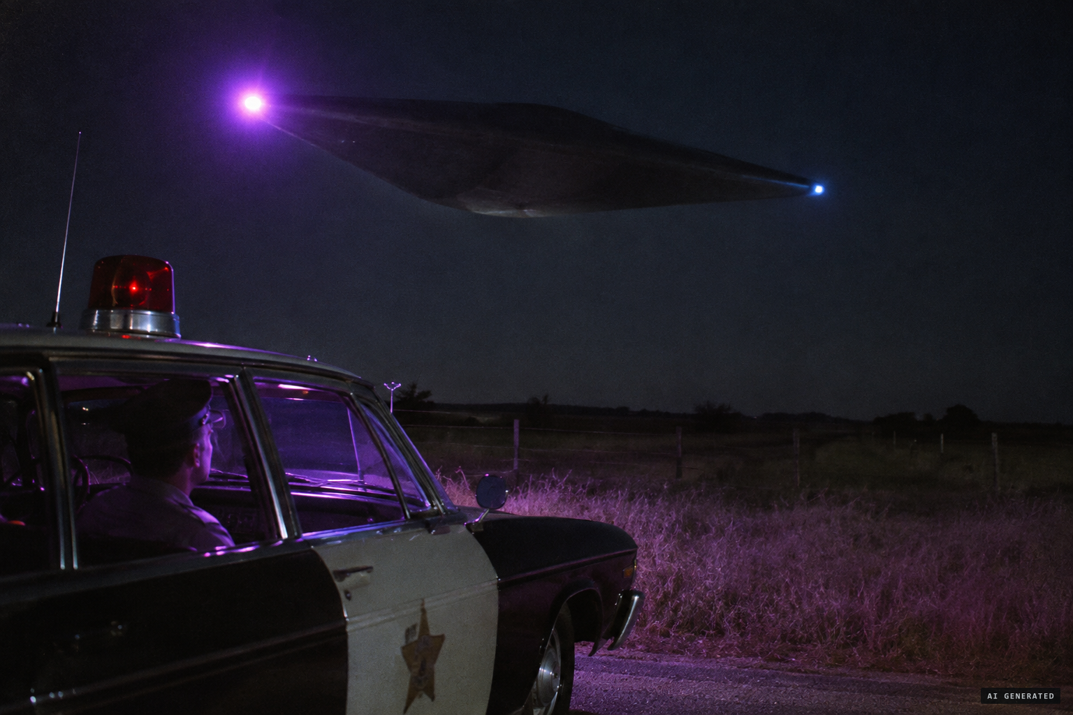 The dark gray triangular object, purple light on the left, blue on the right, right on top of them
