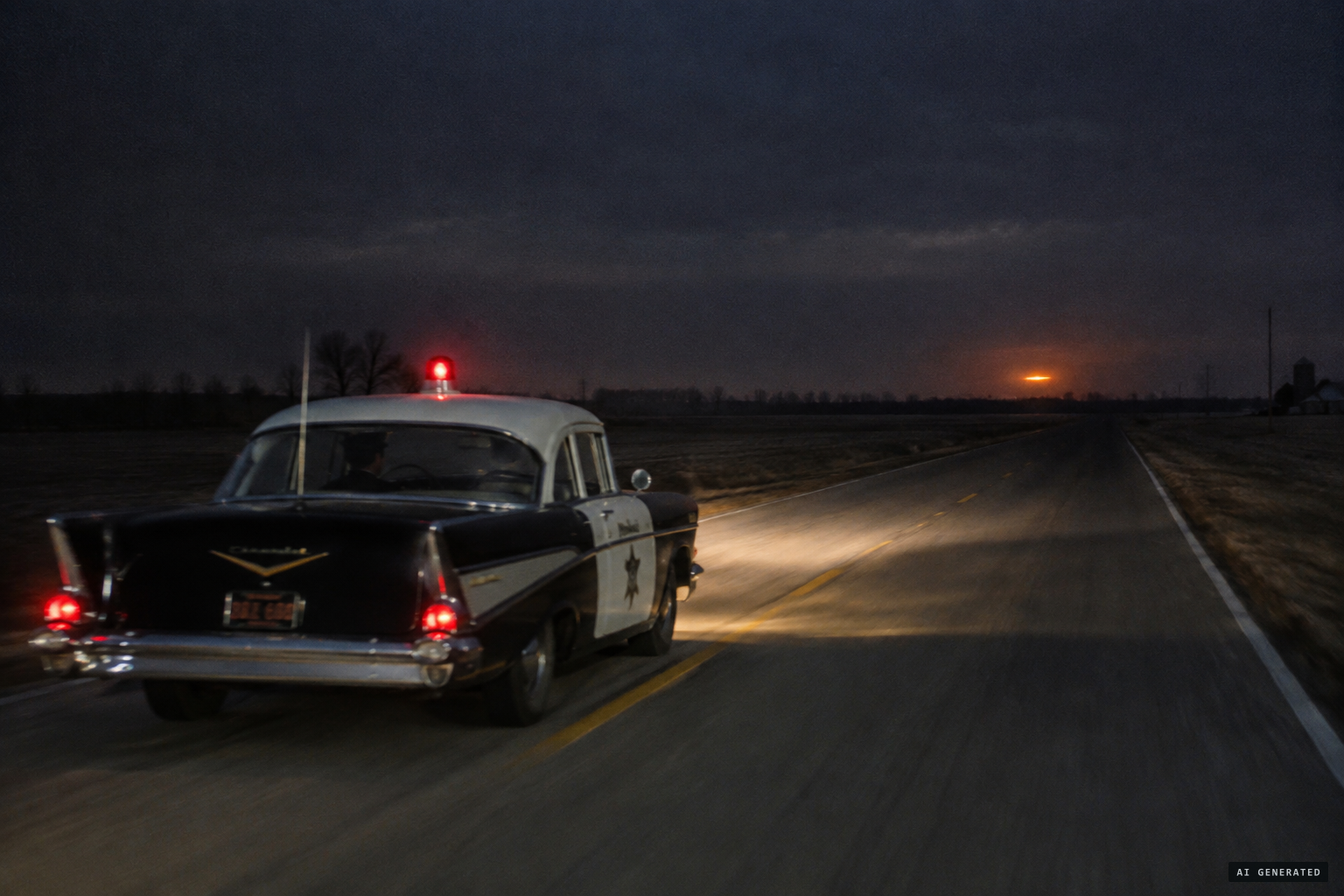 The troopers chase the light south-west toward Oakwood and Sugar Creek Road