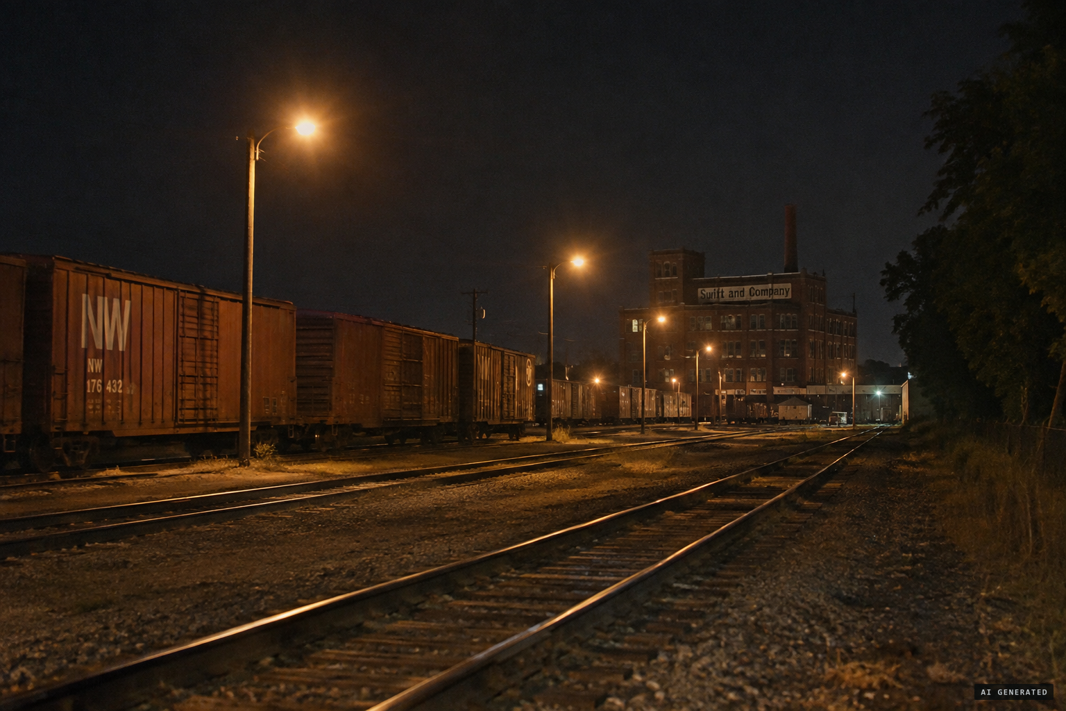 The Norfolk & Western tracks near the Swift plant in Defiance, in the dead hours