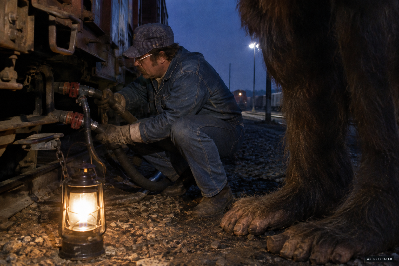 Ted Davis sees two hairy feet beside him as he couples the air hoses