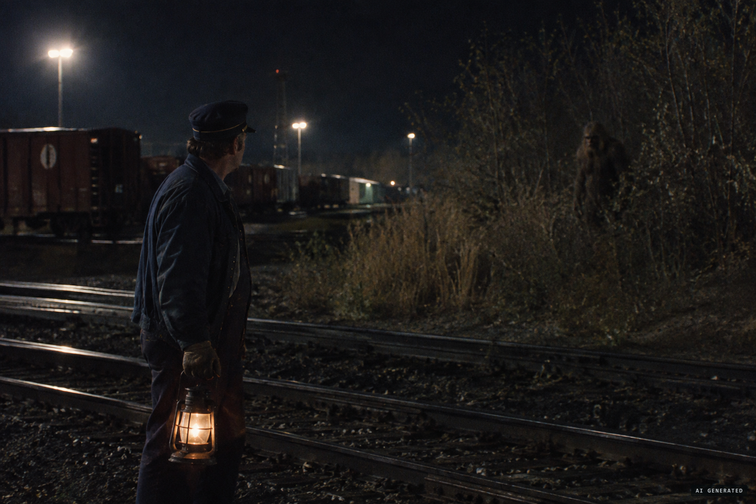 Brakeman Tom Jones sees the hairy, woolly figure before it vanishes into the brush