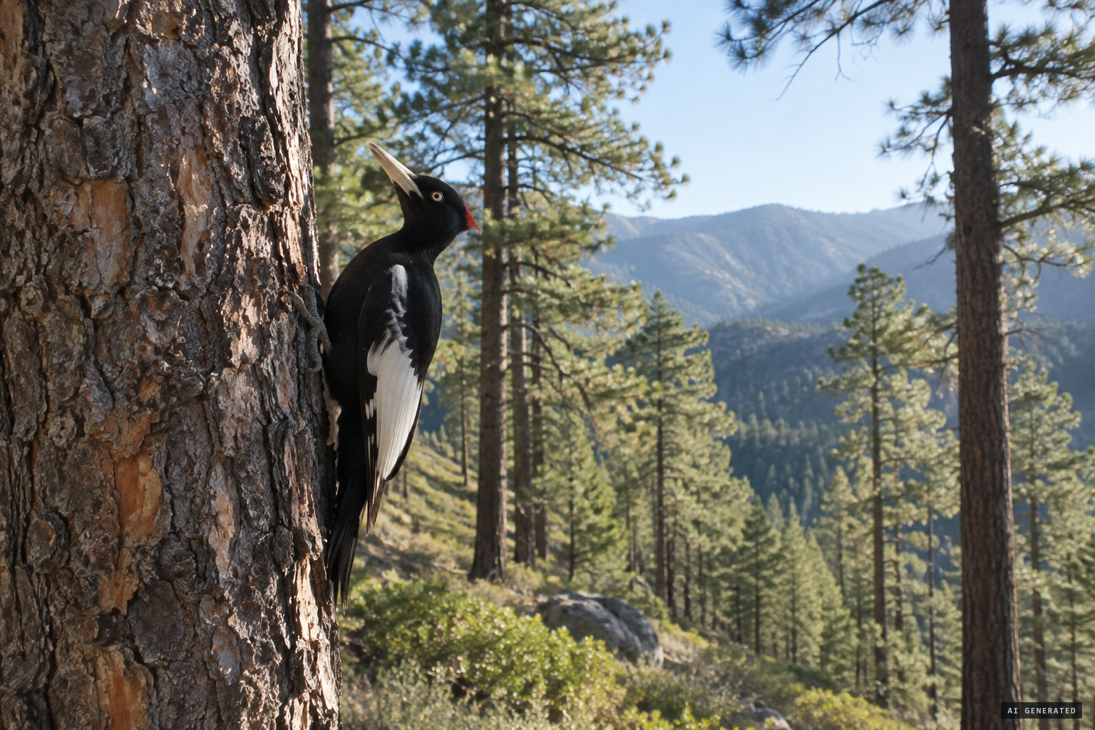 The imperial woodpecker, largest woodpecker known, in its high pine forest