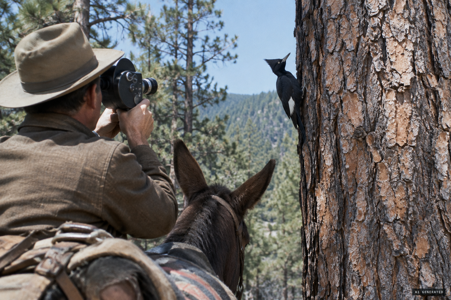 Rhein films the female imperial woodpecker from his mule as she climbs a Durango pine