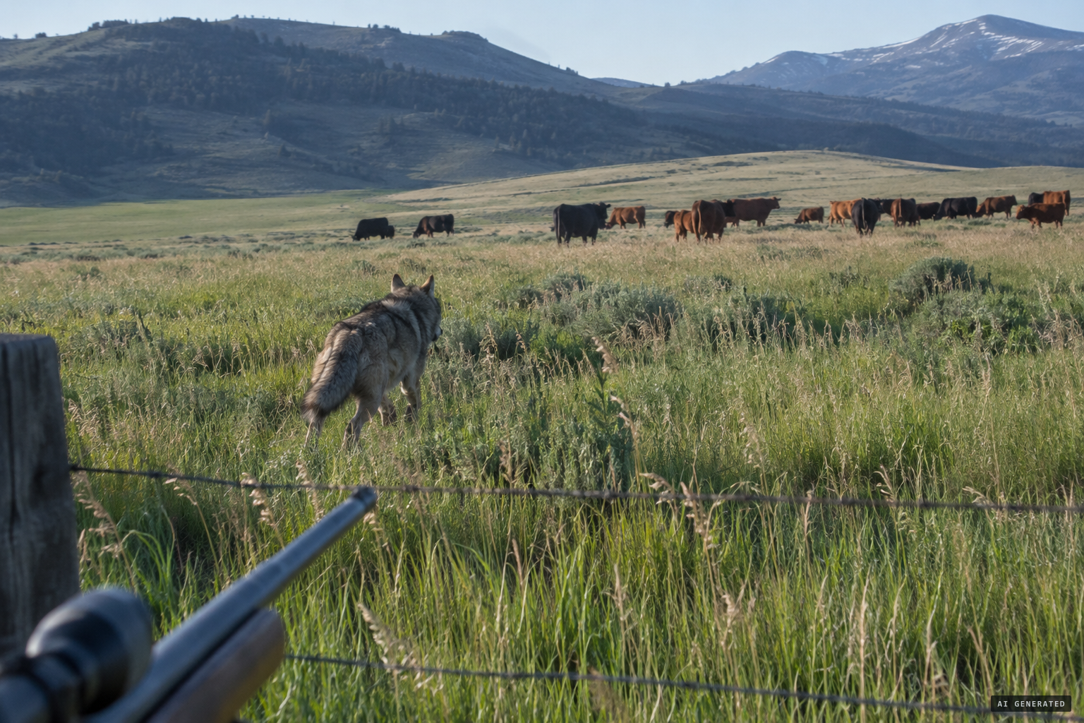 The animal moves through the pasture toward the rancher's livestock