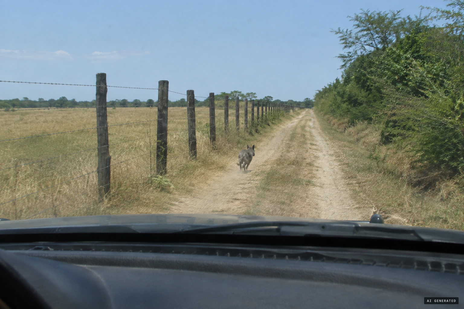 Something running down a dirt path along the fence