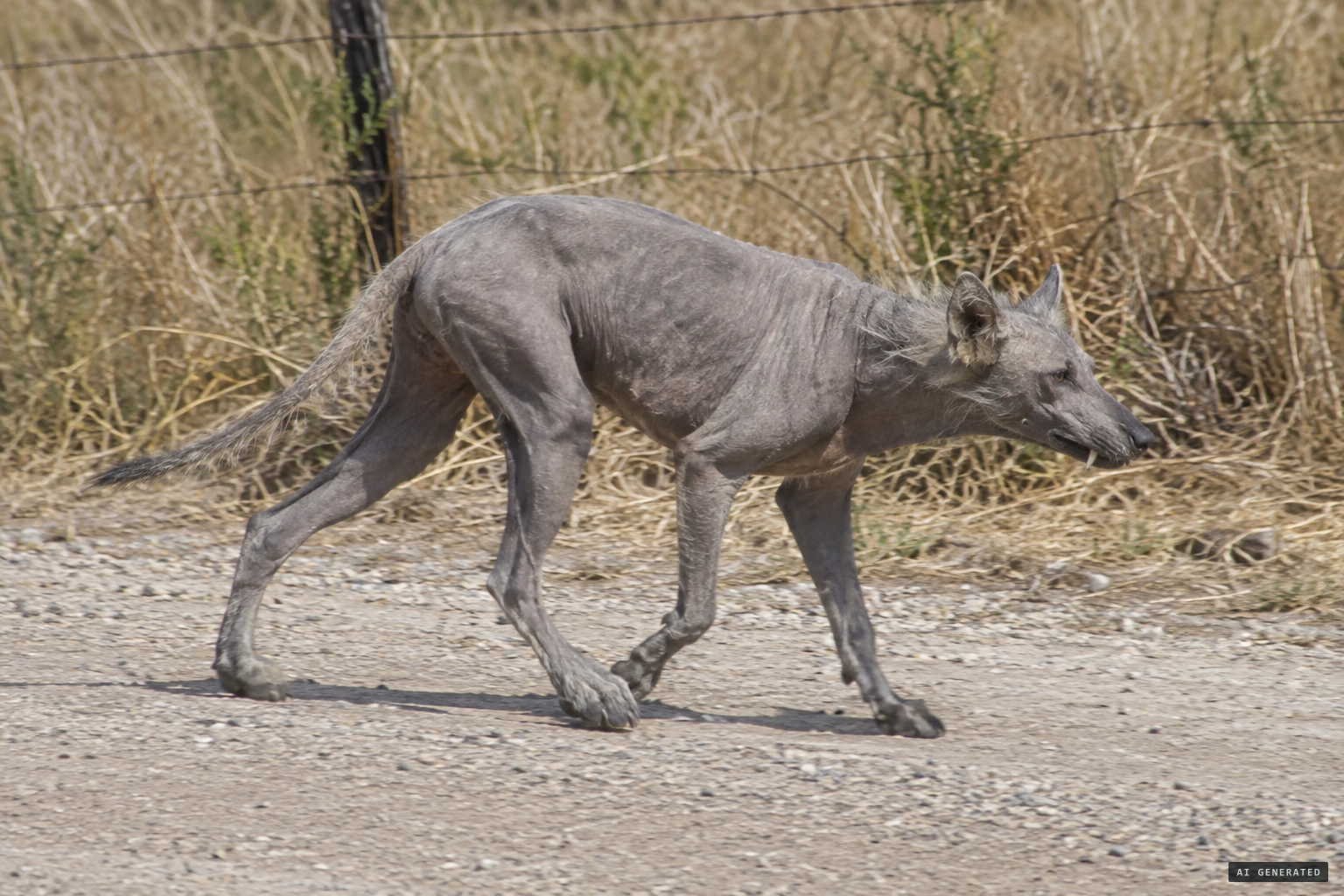 Grey skin, long back legs, short front legs and two distinct fangs