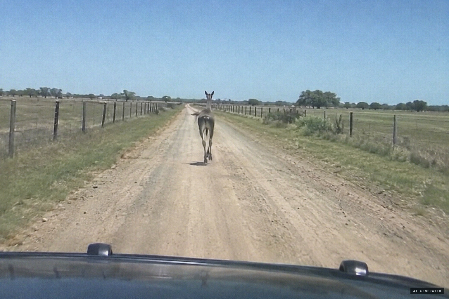 The animal keeps to the road, ahead of the patrol car