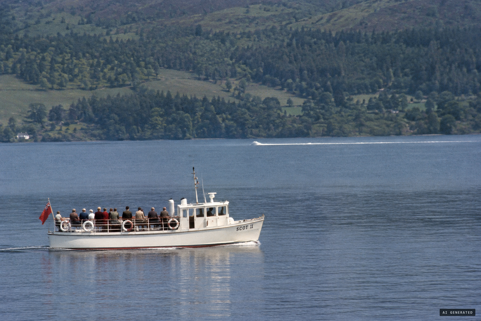 The wake on the loch as the tour boat Scot II passes into view