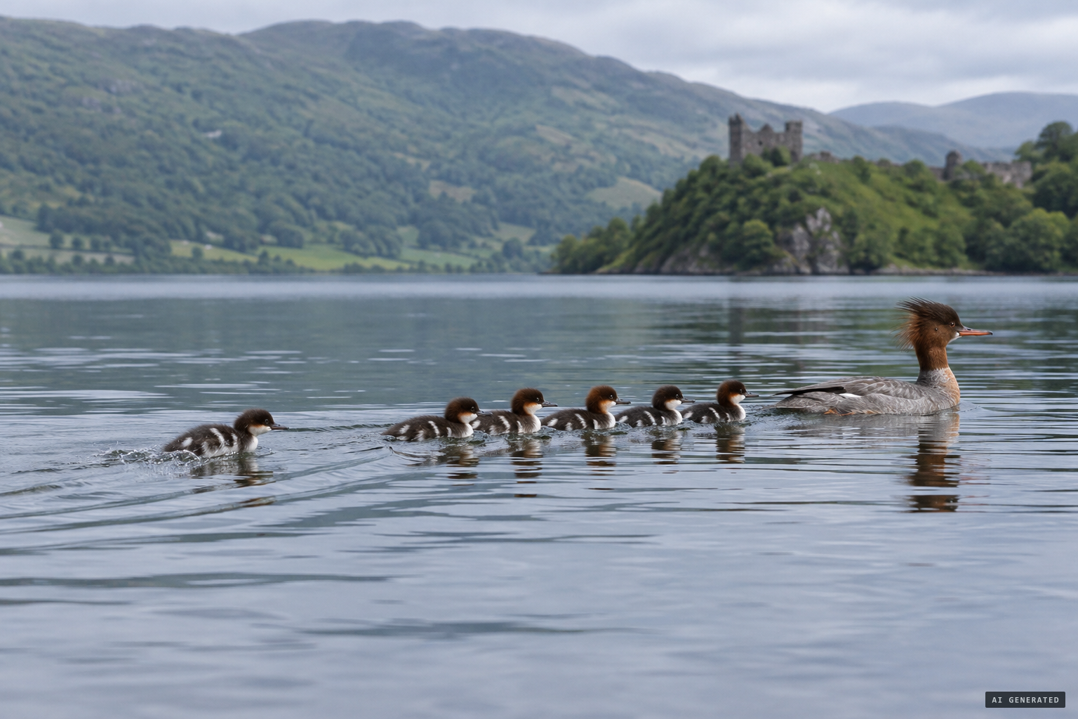 A hen merganser leading her chicks, one running across the water to catch up