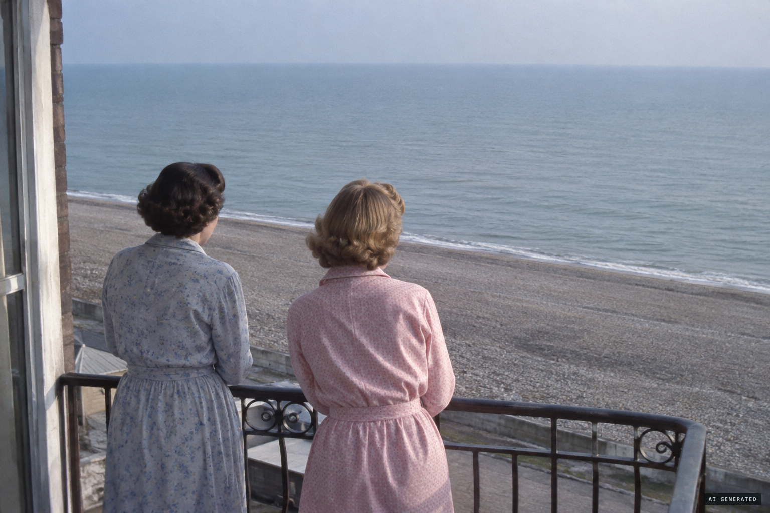 From the balcony they see only placid water and an empty beach.