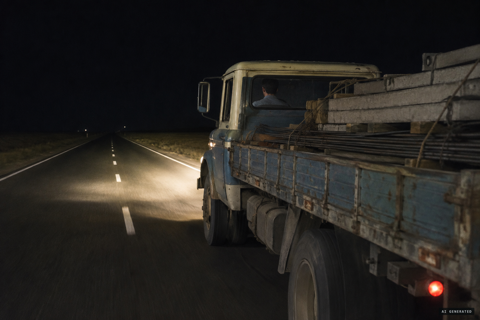 Truck driver Dionisio Llanca hauling construction material along Route 3 near Bahía Blanca