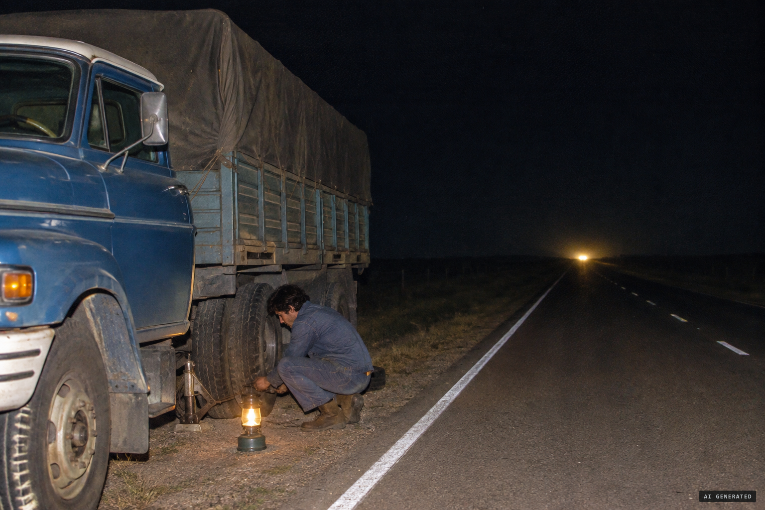 Changing a low tyre at kilometer 705 as an intense yellow light appears down the road